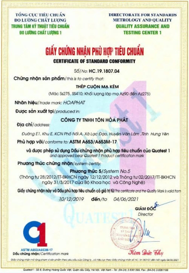 Chứng nhận tôn Hòa Phát