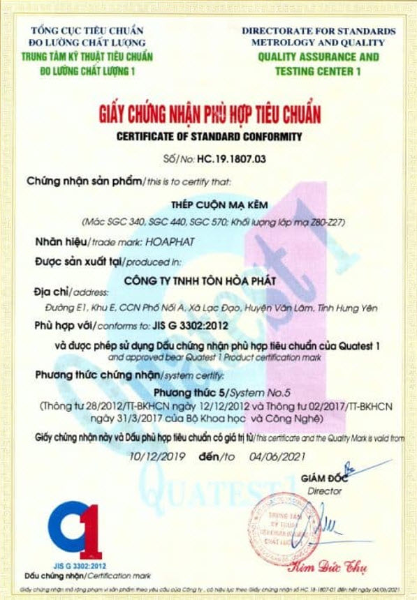 Chứng nhận tôn Hòa Phát