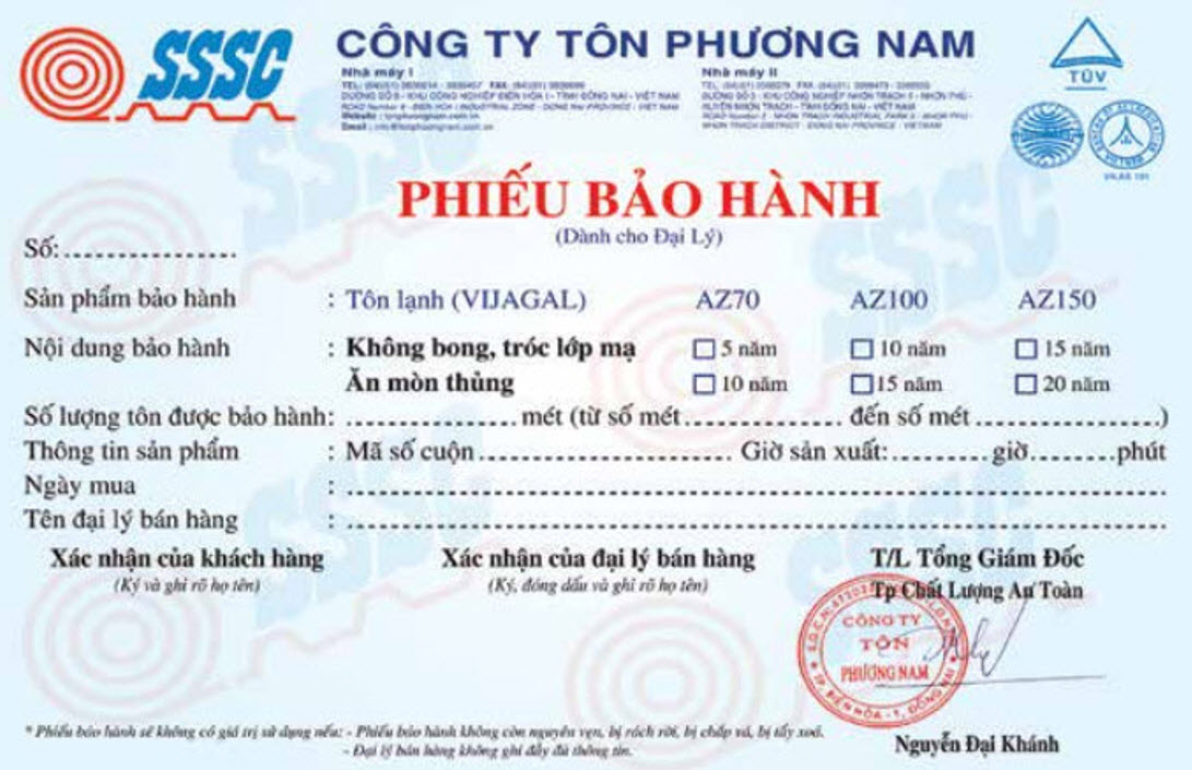 Chính sách bảo hành tôn Phương Nam