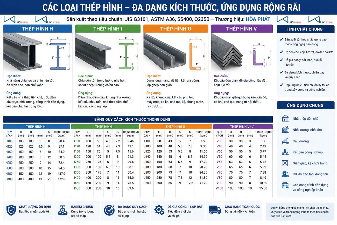 Báo Giá Thép Hình Hòa Phát (H, I, U, V) Mới Nhất | Giá Chuẩn Nhà Máy, CK 5% Tổng hợp quy cách và kích thước các loại thép hình Hòa Phát.